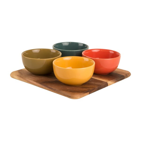 4 akacijos medžio dubenėlių ir pjaustymo lentelės rinkinys T&G Woodware Dip Dish Set Colora