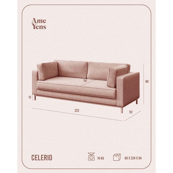 Sofa šviesiai rožinės spalvos iš velveto 222 cm Celerio – Ame Yens-image-4