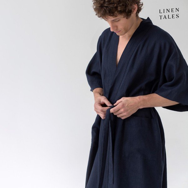 Tamsiai mėlynas lininis chalatas S/M dydžio Summer - Linen Tales-image-1