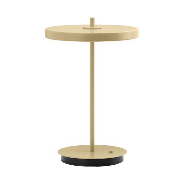 Šviesiai geltonos spalvos iš metalo stalinis šviestuvas LED (aukštis 31 cm) su metaliniu gaubtu Asteria Move – UMAGE