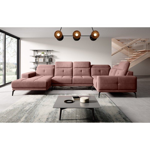 Rožinės spalvos iš velveto kampinė sofa (su dešiniuoju kampu/„U“ formos) Neviro – ELTAP-image-1