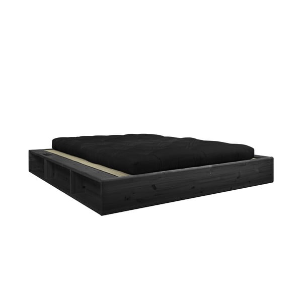 Juoda medienos masyvo dvigulė lova su juodu čiužiniu Double Latex ir pagrindu Karup Design Ziggy, 160 x 200 cm
