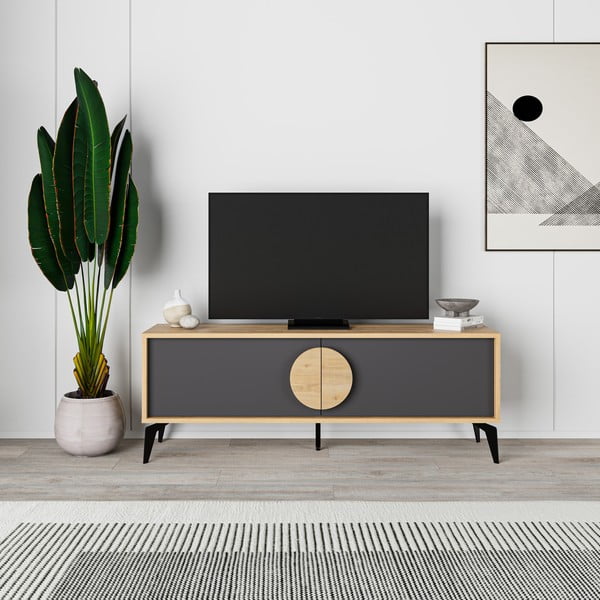TV spintelė juodos spalvos/natūralios spalvos iš ąžuolo 140x51 cm Vae – Marckeric-image-4