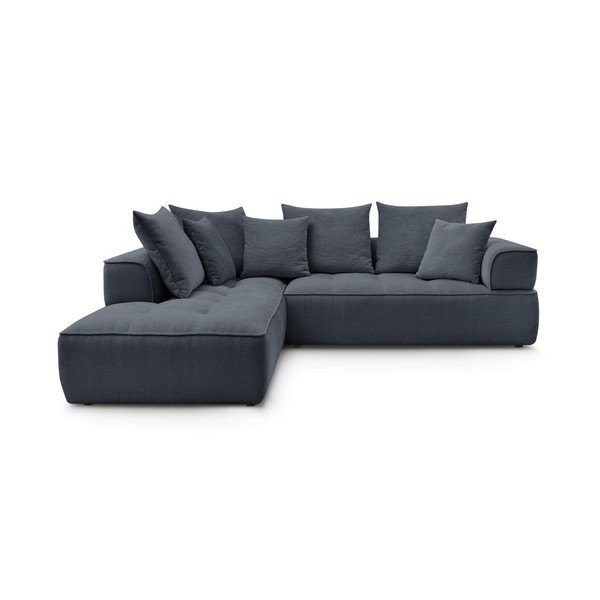 Tamsiai mėlynos spalvos iš šenilinio audinio kampinė sofa (su kairiuoju kampu/„L“ formos) Whesley – Bobochic Paris