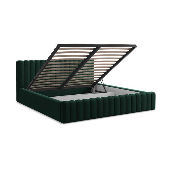 Tamsiai žalios spalvos dvigulė lova audiniu dengta su sandėliavimo vieta su lovos grotelėmis 140x200 cm Lemi – Makamii-image-3