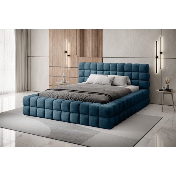 Mėlynos spalvos dvigulė lova dengta audiniu su sandėliavimo vieta su lovos grotelėmis 140x200 cm Dizzle – ELTAP-image-1