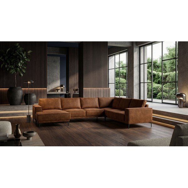 Iš dirbtinės odos kampinė sofa konjako rudos spalvos (su kairiuoju kampu/„U“ formos) Copenhagen – Scandic-image-4