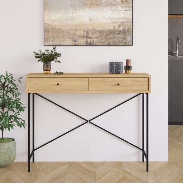 Konsolinis staliukas natūralios spalvos su ąžuolo dekoro stalviršiu 35x110 cm Titan – Marckeric-image-1