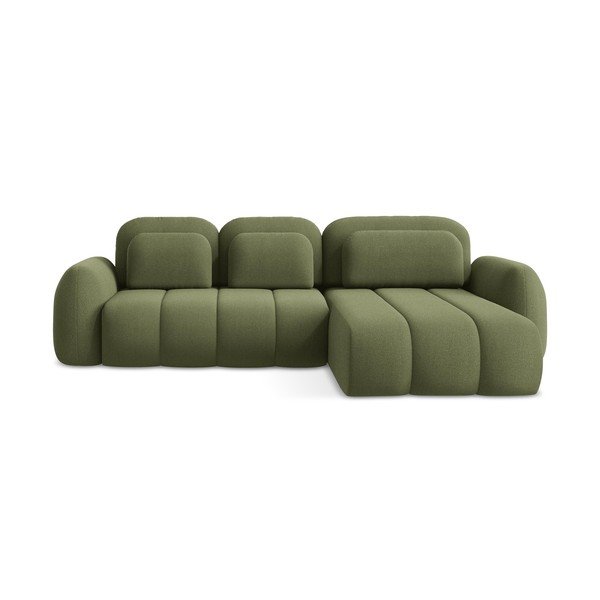 Žalios spalvos iš boucle sulankstoma/su sandėliavimo vieta kampinė sofa (su dešiniuoju kampu/su gultu) Pele – Makamii
