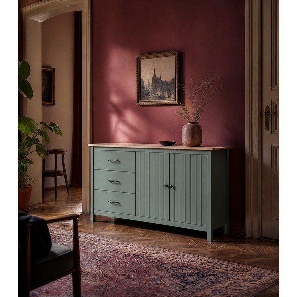 Iš pušies masyvo žema šoninė spintelė žalios spalvos/natūralios spalvos 150x80 cm Miranda – Marckeric-image-4