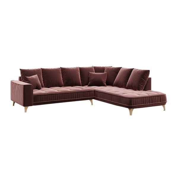 Tamsiai rožinė aksominė kampinė sofa Devichy Chloe, dešinysis kampas, 288 cm