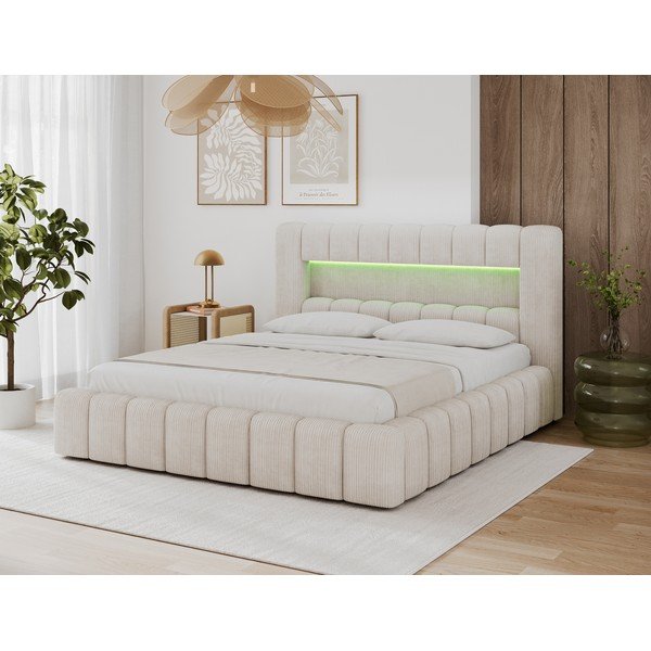 Smėlio spalvos dvigulė lova audiniu dengta su sandėliavimo vieta su lovos grotelėmis 160x200 cm Lamica – ELTAP-image-2