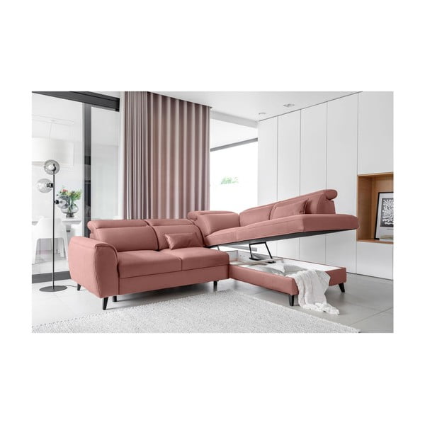Rožinės spalvos iš velveto sulankstoma/su sandėliavimo vieta kampinė sofa (su dešiniuoju kampu/„L“ formos) Noble – ELTAP-image-3