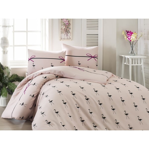 Pilka patalynė ir paklodė dvigulei lovai Flamingo Powder, 200 x 220 cm