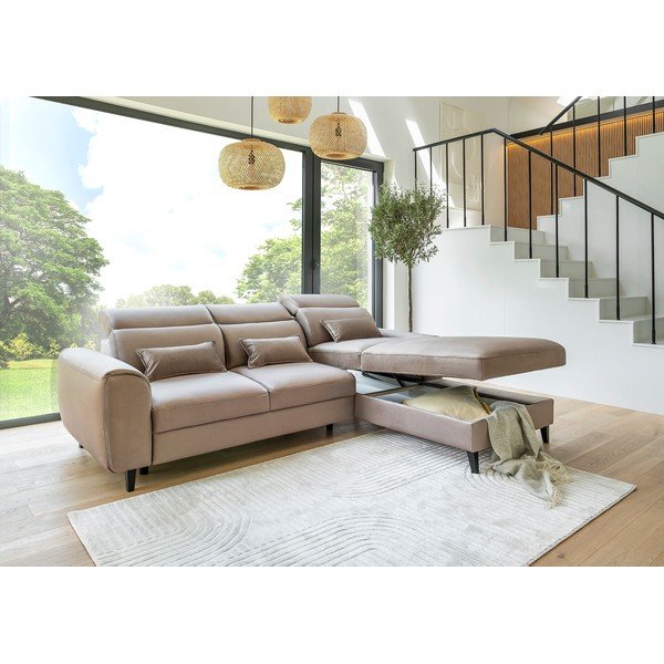 Šviesiai rudos spalvos iš velveto sulankstoma/su sandėliavimo vieta kampinė sofa (su dešiniuoju kampu/su gultu) Foble – ELTAP-image-4