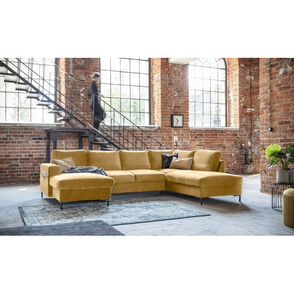 Geltonos spalvos aksominė U formos sofa-lova Miuform Lofty Lilly, dešinysis kampas-image-3