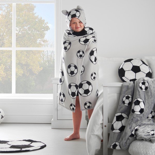 Fleece tipo vaikiška antklodė su gobtuvu šviesiai pilkos spalvos 90x125 cm Football – Catherine Lansfield-image-1
