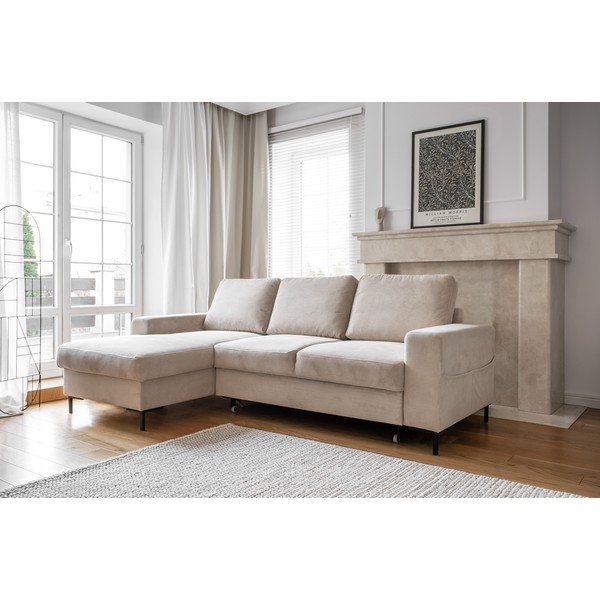 Iš kordinio velveto sulankstoma kampinė sofa smėlio spalvos (su kairiuoju kampu) Lofty Lilly – Miuform-image-3