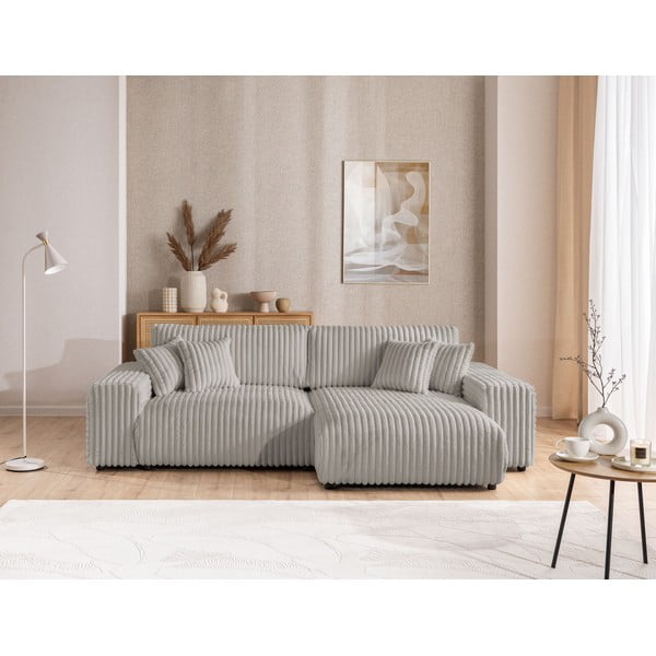 Šviesiai pilkos spalvos iš kordinio velveto sulankstoma/su sandėliavimo vieta kampinė sofa (su dešiniuoju kampu) Sarina – Ropez-image-1