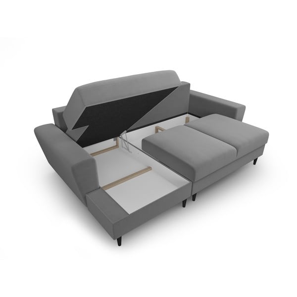 Šviesiai pilkos spalvos iš velveto sulankstoma/su sandėliavimo vieta kampinė sofa (su kairiuoju kampu/su gultu) Kyoto – Cosmopolitan Design-image-3