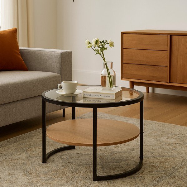 Juodos spalvos/natūralios spalvos apvalios formos kavos staliukas iš ąžuolo ø 68 cm Zanu – Bonami Essentials-image-1