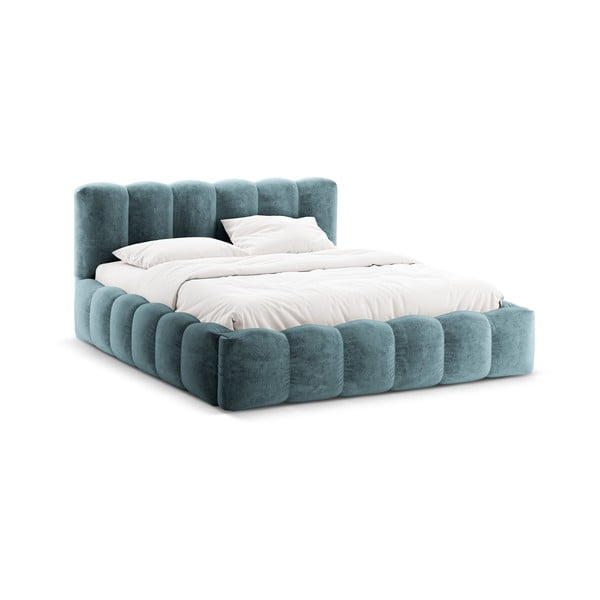 Dvigulė lova mėlynos spalvos audiniu dengta su sandėliavimo vieta su lovos grotelėmis 200x200 cm Lupine – Micadoni Home-image-3