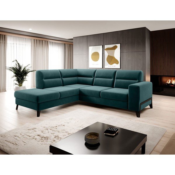 Žalios spalvos iš velveto sulankstoma/su sandėliavimo vieta kampinė sofa (su kairiuoju kampu/„L“ formos) Cassara – ELTAP-image-1