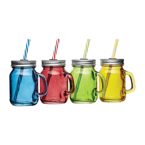 4 spalvotų stiklinių su dangteliu ir šiaudeliu rinkinys "Kitchen Craft Bar", 115 ml