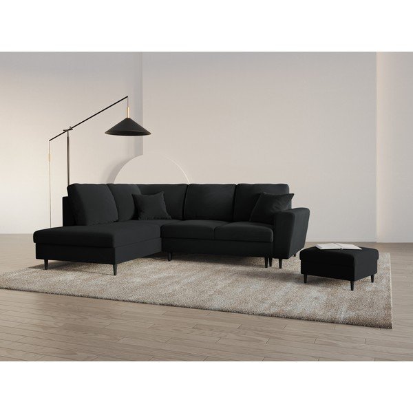 Juodos spalvos iš velveto sulankstoma/su sandėliavimo vieta kampinė sofa (su kairiuoju kampu/„L“ formos) Kyoto – Cosmopolitan Design-image-2