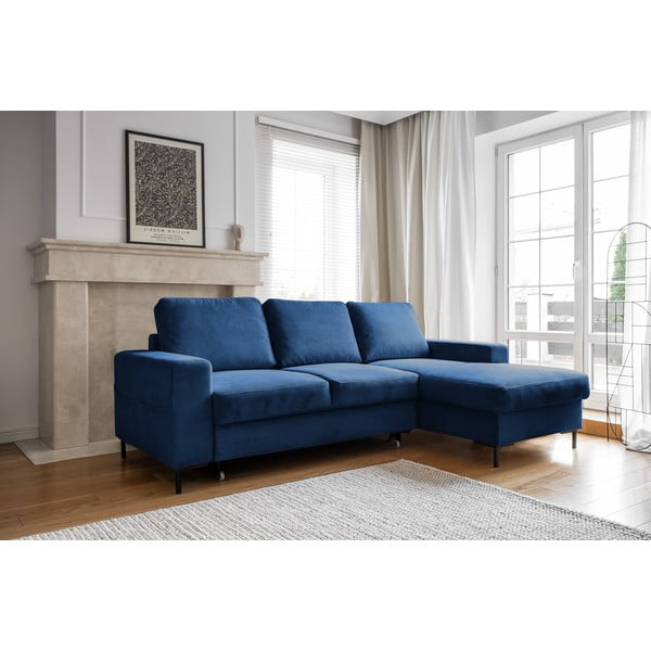 Iš kordinio velveto sulankstoma kampinė sofa tamsiai mėlynos spalvos (su dešiniuoju kampu) Lofty Lilly – Miuform-image-3