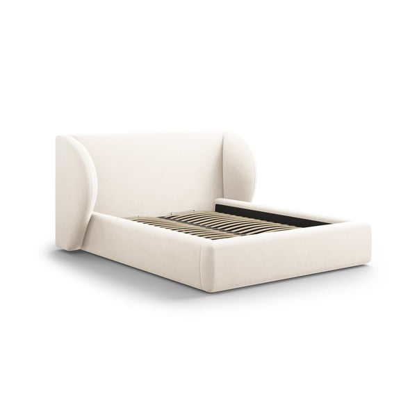 Smėlio spalvos minkšta dvigulė lova su daiktadėže ir grotelėmis 180x200 cm Miley - Micadoni Home