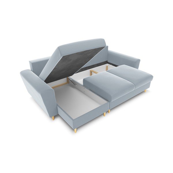 Šviesiai mėlynos spalvos iš velveto sulankstoma/su sandėliavimo vieta kampinė sofa Kyoto – Cosmopolitan Design-image-2