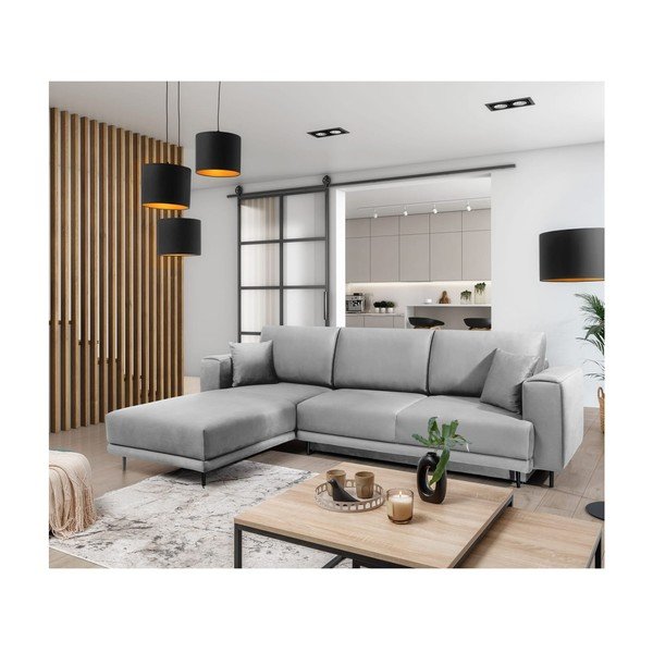 Šviesiai pilkos spalvos iš velveto sulankstoma/su sandėliavimo vieta kampinė sofa (su kairiuoju kampu/su gultu) Dalia – ELTAP-image-4
