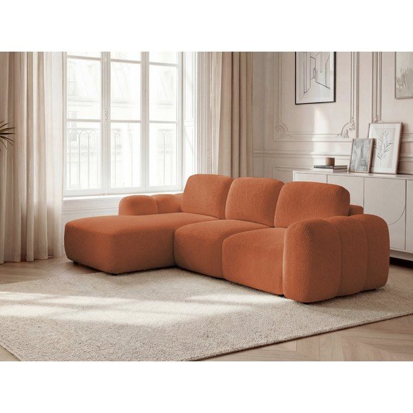 Oranžinės spalvos sulankstoma/su sandėliavimo vieta kampinė sofa iš boucle (su kairiuoju kampu/su gultu) Montaigne – Bobochic Paris-image-1