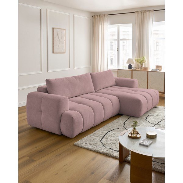 Rožinės spalvos sulankstoma/su sandėliavimo vieta kampinė sofa (su dešiniuoju kampu/su gultu) Fuji – Bobochic Paris-image-1