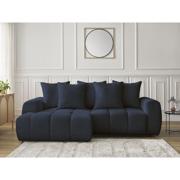 Mėlynos spalvos sulankstoma/su sandėliavimo vieta kampinė sofa iš boucle (su kairiuoju kampu/su gultu) Roxelane – Bobochic Paris-image-1