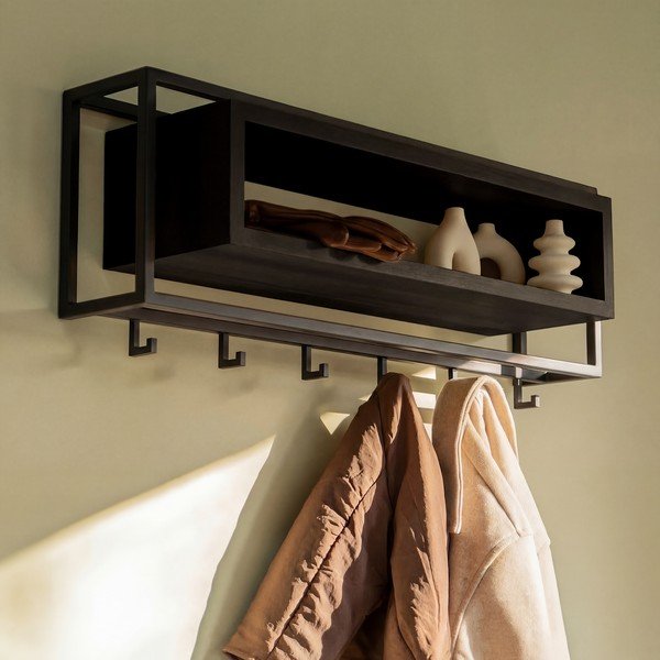 Juodos spalvos iš ąžuolo masyvo sieninė lentyna su lentyna 78 cm School – Spinder Design-image-1