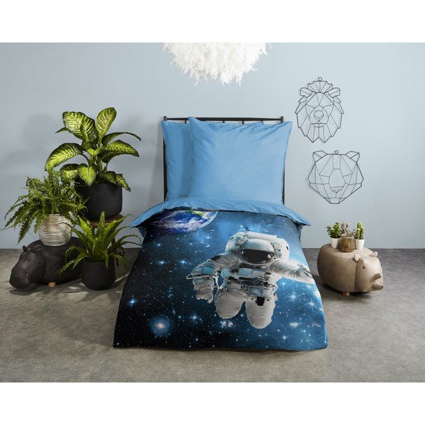 Mėlynos spalvos iš medvilnės viengulė vaikiška patalynė 140x200 cm Astronaut – Good Morning-image-1