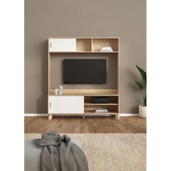 Baltos spalvos/natūralios spalvos TV spintelių komplektas iš ąžuolo 159x181x48 cm Ikast – Tvilum-image-1
