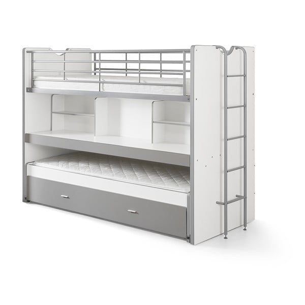 Baltos spalvos/pilkos spalvos dviauktė/ištraukiama vaikiška lova su sandėliavimo vieta su lovos grotelėmis 90x200 cm Bonny – Vipack