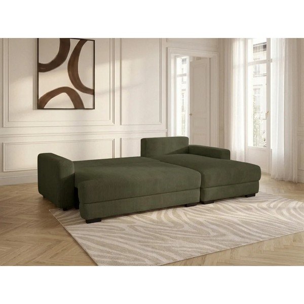 Žalios spalvos sulankstoma/su sandėliavimo vieta kampinė sofa iš kordinio velveto (su dešiniuoju kampu/su gultu) Campi – Bobochic Paris-image-3