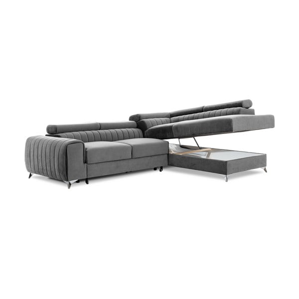 Pilkos spalvos iš velveto sulankstoma/su sandėliavimo vieta kampinė sofa (su dešiniuoju kampu/„L“ formos) Laurence – ELTAP-image-2