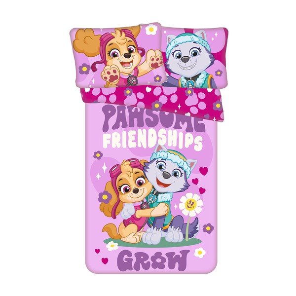 Rožinės spalvos iš medvilnės vaikiška patalynė vaikiškai lovai 100x135 cm Paw Patrol "Pawsome friendships grow" – Jerry Fabrics