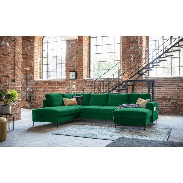 Žalia aksominė U formos sofa-lova Miuform Lofty Lilly, kairysis kampas-image-4
