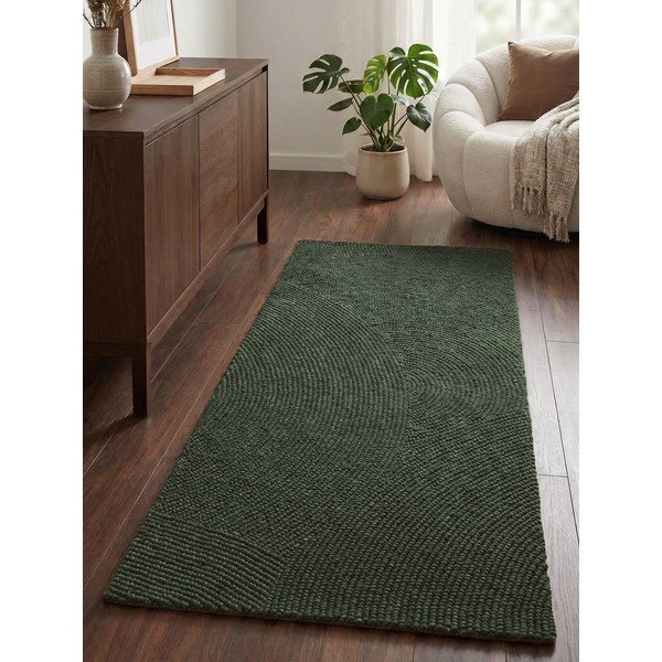 Rankų darbo tamsiai žalios spalvos iš vilnos kilimas 80x300 cm Calmio – Hanse Home-image-1