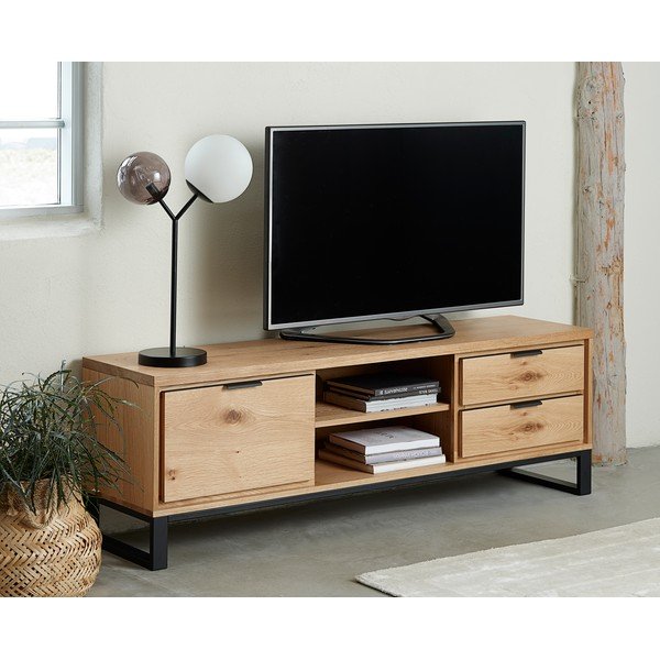 Natūralios spalvos ąžuolo apdailos TV staliukas 170x55 cm Livorno - Unique Furniture-image-4