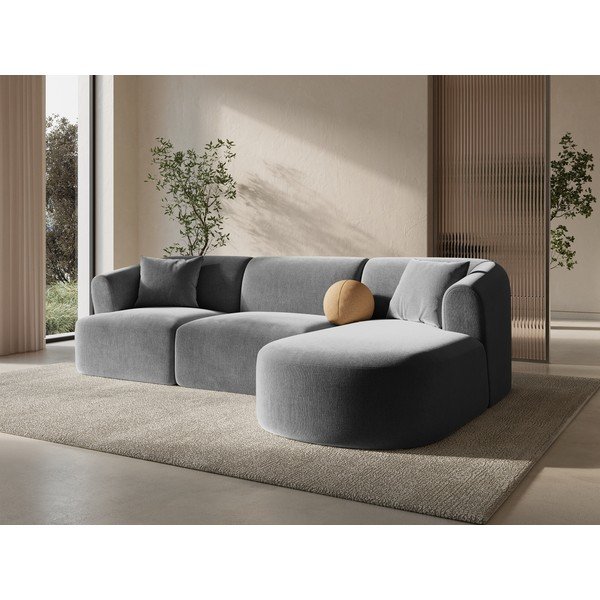 Šviesiai pilkos spalvos kampinė sofa iš velveto (su dešiniuoju kampu/su gultu) Campi – Cosmopolitan Design-image-1