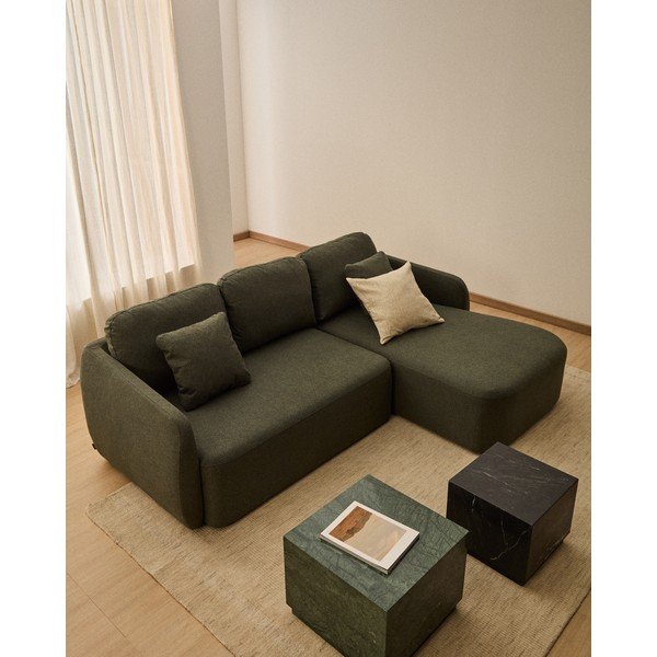 Tamsiai žalios spalvos sulankstoma kampinė sofa iš šenilinio audinio (su dešiniuoju kampu/su gultu) Laira – Kave Home-image-1