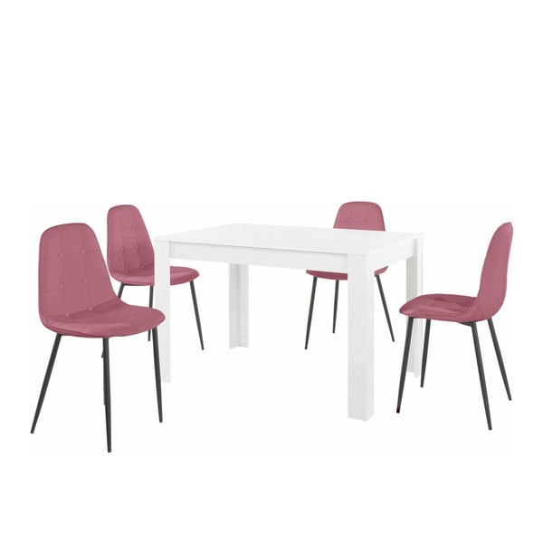 Balto valgomojo stalo ir 4 rausvų valgomojo kėdžių rinkinys "Støraa Lori Lamar