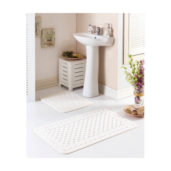 2 kreminės ir baltos spalvos vonios kambario kilimėlių rinkinys